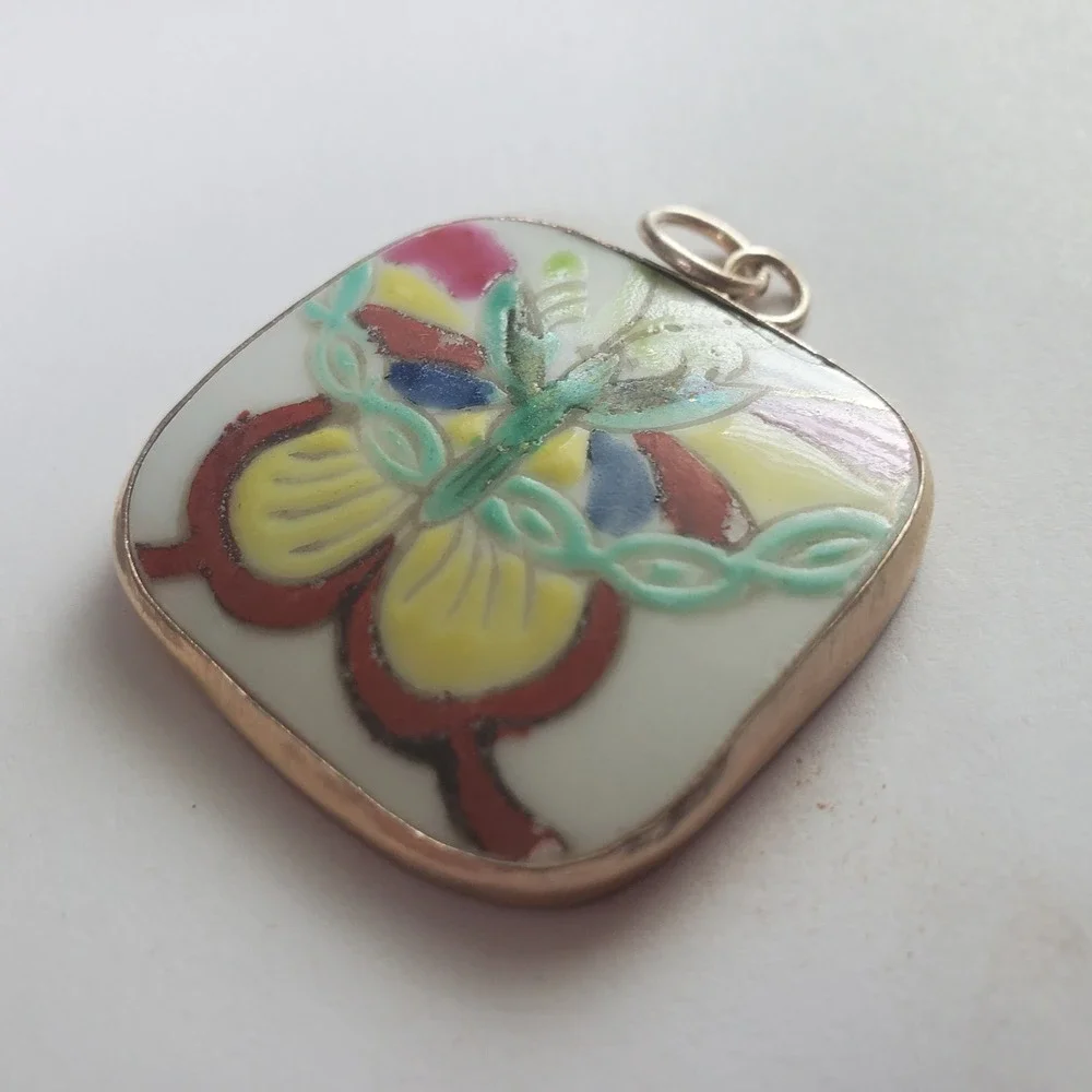 Vintage Hand Painted Porcelain Butterfly Pendant Square Silver Tone Charm Focal